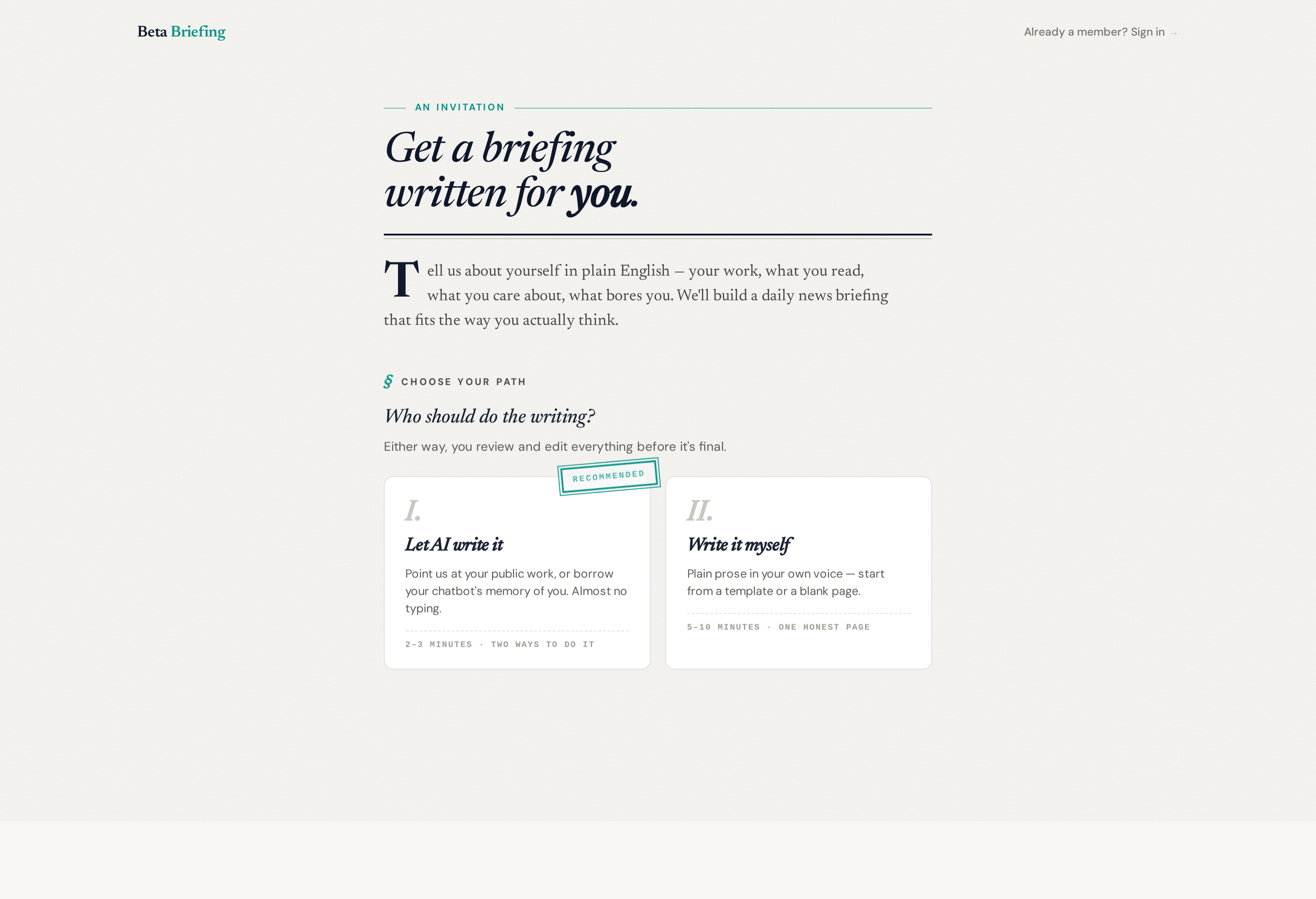 The Beta Briefing sign-up page