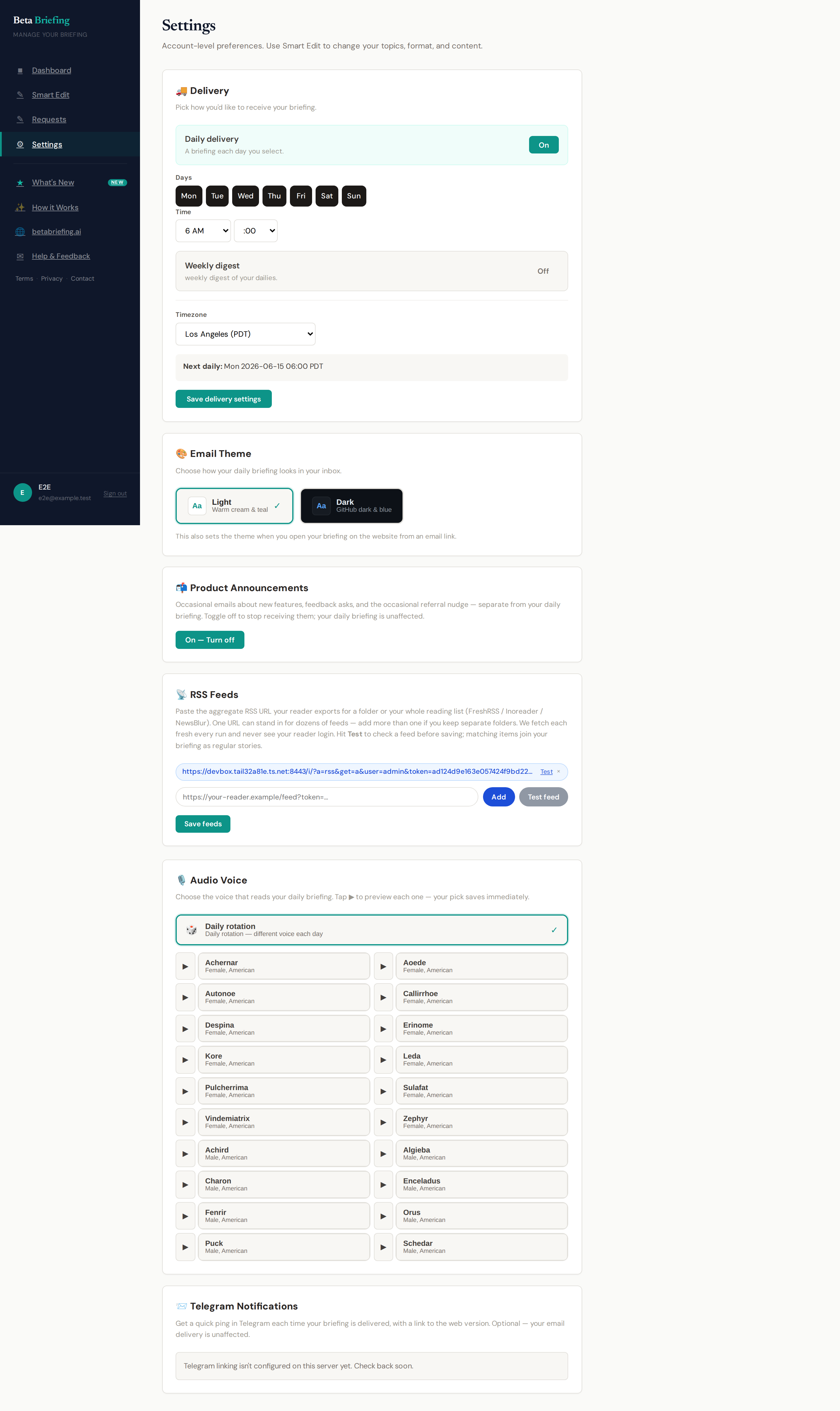The Beta Briefing settings page